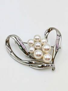 【1円スタート】MIKIMOTO ミキモト ブローチ 真珠 パール ハート リボン セレモニー M刻印 S刻印 8粒 約7.0g 御木本真珠 シルバーカラー