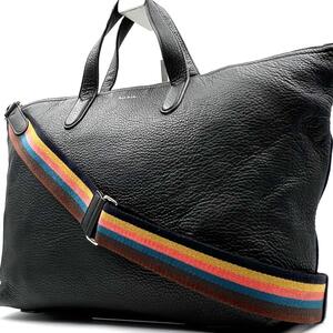 《美品》Paul Smith ポールスミス メンズ ビジネス マルチストライプ レザー 2WAYトートバッグ ショルダーバッグ A4可 ブラック 肩掛け