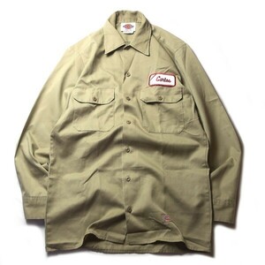 ワークスタイル! 80s 90s USA製 Dickies ディッキーズ ヴィンテージ ワッペン 刺繍入り 長袖 ワークシャツ ベージュ メンズ 14 1/2 古着