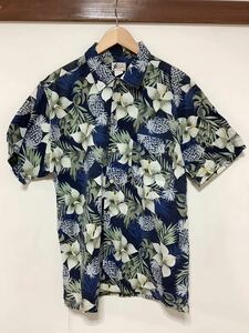 よ1142 CHEROKEE WAIKIKI WEAR アロハシャツ ハワイアンシャツ M ネイビー 花柄 パイナップル