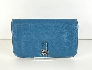 【SI1414】 HERMES エルメス ドゴンGM トリヨンクレマンス 二つ折り財布 長財布 ウォレット ブルー系 レザー 財布