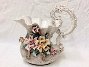 13838/イタリア製 薔薇 花瓶 陶器 ピッチャー型 陶花 フラワーベース 洋風 置物 インテリア アンティーク レトロ