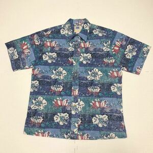 KAHALA ハワイ製 アロハシャツ ガラシャツ 半袖シャツ L ハイビスカス 青系