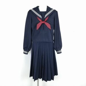 1円 セーラー服 スカート スカーフ 上下3点セット 大きいサイズ 冬物 白2本線 女子 学生服 中学 高校 紺 制服 中古 ランクC NA6678