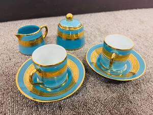 B◆Legle Porcelaine レッグ LIMOGES FRANCE リモージ 金彩 カップ ソーサー シュガー ミルク ポット 洋食器 ターコイズ◆