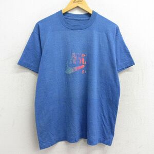 L/古着 ナイキ NIKE 半袖 ビンテージ Tシャツ メンズ 80s ビッグロゴ クルーネック 青 ブルー 霜降り 23apr12 中古 5OF