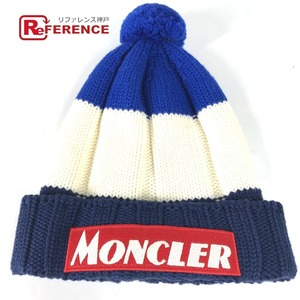 美品 MONCLER モンクレール ロゴ ボーダー ビーニー 帽子 ニット帽 ニットキャップ ポンポン付き ニット帽 ブルー レディース【中古】