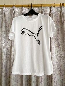 PUMA プーマ メッシュシャツ Tシャツ 白 ロゴ 手書き 手描き フィットネス スポーツ シャツ レディース L トレーニング ジム ランニング