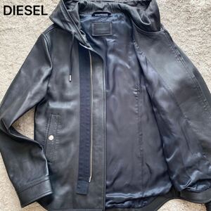 未使用級●XLサイズ相当●DIESEL ディーゼル レザージャケット パーカー ジャケット ラムレザー 本革 ブラック ロゴ刻印 ストレッチ 1円