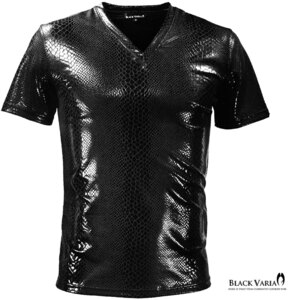 9#193204-bk BLACK VARIA パイソン 蛇ヘビ柄 光沢 ストレッチ 半袖 Vネック Tシャツ メンズ (ブラック黒) XL ウロコ 爬虫類 ステージ衣装