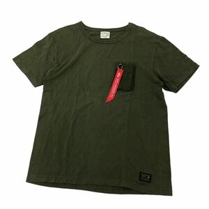 H720⑮ 特大 ALPHA INDUSTRIES アルファインダストリーズ 半袖 Tシャツ TEE ポケットT グリーン系 綿100% 大きいサイズ メンズ XL 良品