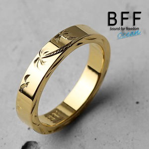 BFF ブランド パームツリー 幅4mm 平打リング ゴールド 18K GP 金色 ヤシの木 手彫り 専用BOX付属 (14号)