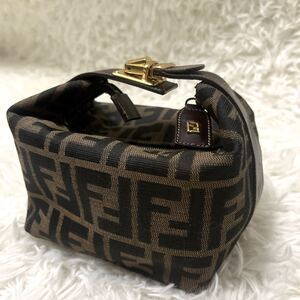 1円【極美品】 FENDI フェンディ ポーチ ズッカ柄 キャンバス ズッカ柄 バニティ レザー ハンドバッグ 金具