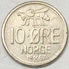 海外コイン　ノルウェー　10オーレ　蜂 1967年