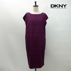 美品 DKNY ダナキャランニューヨーク ボタンデザインワンピース ボーダー柄 膝丈 裏地あり レディース ブラック パープル サイズS*MC1161