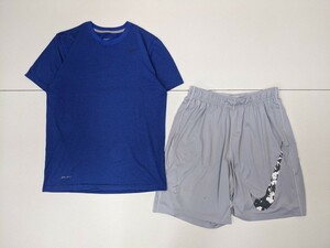 11．NIKE ナイキ DRI-FIT 2点 セット 速乾 半袖シャツ 迷彩カモフラ入り ハーフパンツ トレーニングウェア メンズL青グレーx601