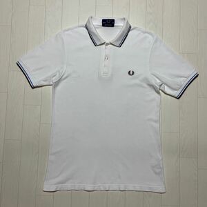 イングランド製 FRED PERRY フレッドペリー ポロシャツ 半袖 コットンピケ 38 M ホワイト 白 水色 えんじ ライン あのちゃん 鹿の子