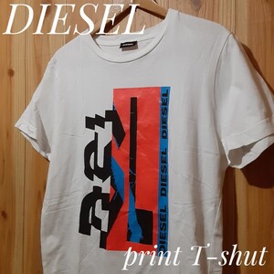 最値!良品!希少旧タグ!ブルガリア製!名作ビッグプリントモデル!ディーゼル(DIESEL)高級コットン生地 Tシャツ!完売!ホワイト!白 Mサイズ