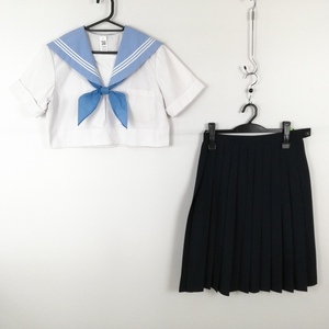 1円 セーラー服 スカート スカーフ 上下3点セット 夏物 白3本線 女子 学生服 中学 高校 白 制服 中古 ランクC EY8848