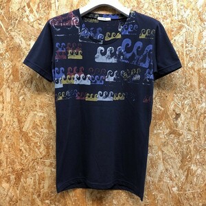 TAKEO KIKUCHI タケオキクチ サイズ2 レディース Tシャツ 波柄プリント 丸首 カットソー 半袖 ポリエステル×綿 ダークネイビー 濃紺