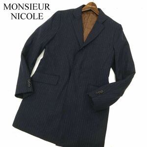 美品★ MONSIEUR NICOLE ムッシュ ニコル 秋冬 ウール★ 中綿 ストライプ 比翼 チェスターコート Sz.46　メンズ ネイビー　C3T10343_B#N