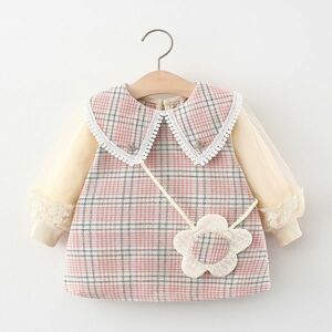 ♪ｍineka・新品・セール♪キッズチェック柄ミニ丈ワンピース 長袖 花飾り付き おしゃれ 可愛い ピアノ演奏会 レース袖 110cm 210180/5T