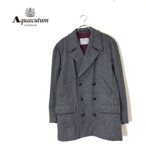 1D2552-D◆vintage◆イギリス製 Aquascutum アクアスキュータム ツイードコート ダブル くるみボタン 裏ブランケット◆size38 グレー 毛