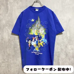 古着 used　Disney　ディズニー　半袖プリントTシャツ　青　ブルー　Mickey　ミッキー　シンデレラ城　クルーネック