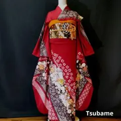 【売り切り　SALE】本絞り　本振袖　金彩　金駒刺繍　赤　地紋