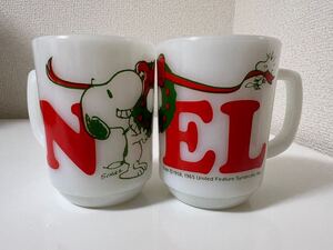 【希少美品】Vintage Peanuts CHRISTMAS Fire King Milk Glass SNOOPY NOEL ファイヤーキング スヌーピー マグカップ 2個 セット 当時物