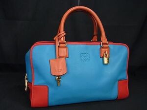 1円 ■美品■ LOEWE ロエベ アナグラム アマソナ32 レザー ハンドバッグ トート レディース ライトブルー系×レッド系 EA2952