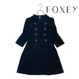 11T334☆ FOXEY フォクシー ブラック ウール100% 長袖 ウールワンピース ひざ丈ワンピース 長袖ワンピース トップス 秋冬 サイズ40 M