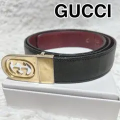 GUCCI グッチ 黒 レザー ベルト Gロゴバックル　ゴールド　ヴィンテージ