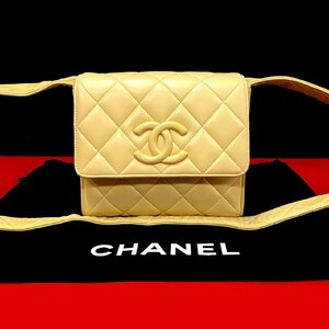 極 美品 シール有 袋付き 2番台 CHANEL シャネル マトラッセ ココマーク ラムスキン 本革 ショルダーバッグ ポシェット ベージュ 80047