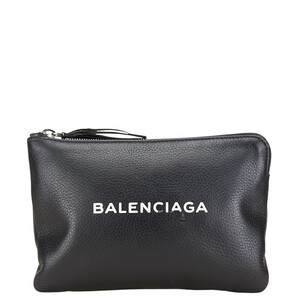 バレンシアガ ロゴプリント EVERYDAY エブリデイ M ポーチ 化粧ポーチ 492465 ブラック レザー レディース BALENCIAGA 【中古】