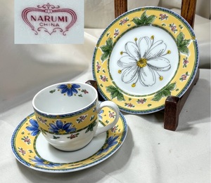 レトロ当時物 NARUMI CHINA/ナルミチャイナ イエロー花柄 カップ＆ソーサー+ケーキ皿/ディッシュトリオ 3点 used コレクション未使用保管品