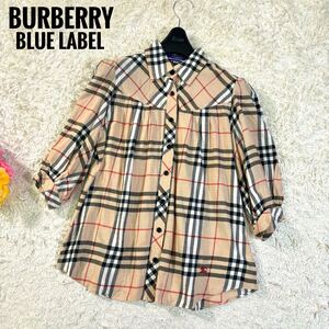 BURBERRY LONDON BLUE LABEL 【大人可愛い】ノバチェック カラーシャツ トップス ブラウス コットン ウールホースロゴ 刺繍 レディース 38