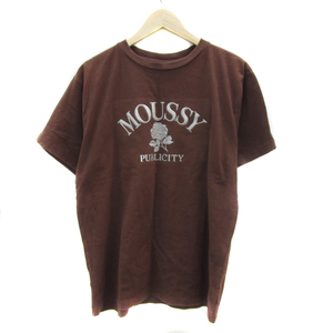 マウジー moussy Tシャツ カットソー 半袖 ラウンドネック プリント オーバーサイズ F 茶 ブラウン シルバー /YS36 レディース