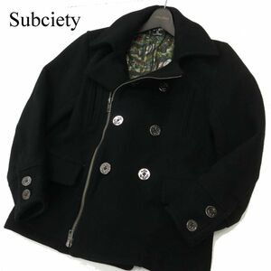 Subciety サブサエティ 秋冬 裏地 昇華プリント★ メルトン ウール ジップ Pコート Sz.S　メンズ 黒　C3T11774_C#N