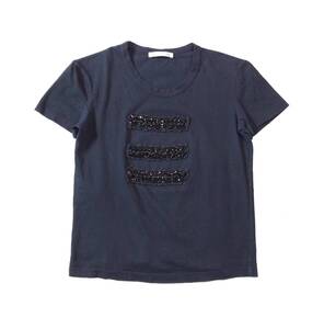 PRADA プラダ ITALY製 ビジュー装飾 半袖 Tシャツ トップス カットソー ダークネイビー系 レディース 送料250円 (ma)