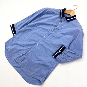 BEAMS ☆ 1枚でオシャレに♪ リブ付 七分袖 デザイン シャツ サックスブルー S 綺麗め デザイナーズ 大人カジュアル 古着 ビームス■AF236