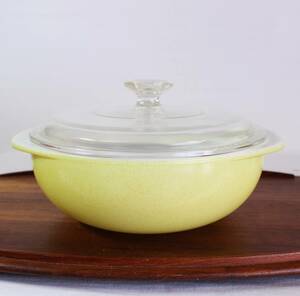 【送料無料】■ オールドパイレックス パイレックス Pyrex イエロー 黄色 ドット入 取っ手付き蓋付 キャセロール アメリカ製 大サイズ ④