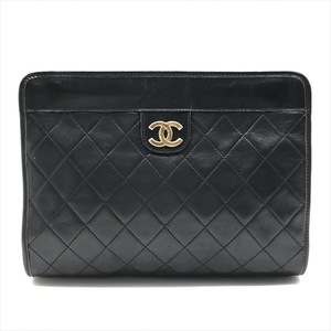 良品 CHANEL シャネル ココマーク マトラッセ ラムスキン ヴィンテージ クラッチ セカンド バッグ ブラック a4532