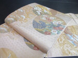 1円 良品 正絹 袋帯 引箔 満月 道長裂取 鶴 四季花 六通柄 高級 長さ418cm ◆逸品◆【夢職】★★★★