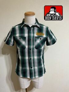 【美品】 BEN DAVIS ベンデイビス チェーンステッチ ネルシャツ ワークシャツ トップス サイズS 半袖 チェック柄 緑黒白 刺繍 日本製