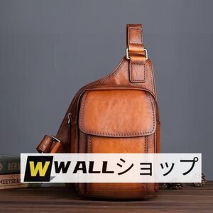 人気新品★本革 メンズ ボディバッグ ヌメ革 iPadmini対応 左右肩掛け替え 自転車 鞄 ブラウン 牛革 レザー ワンショルダーバッグ