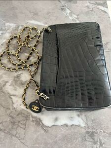 CHANEL シャネル　ヴィンテージ クロコダイル 黒 チェーンショルダーバッグ レザー ロゴ