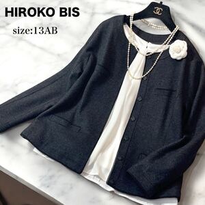 極美品 HIROKOBIS ヒロコビス ヒロココシノ 大きいサイズ 13AB ノーカラージャケット 楽々美麗 ウール セレモニー フォーマル L XL 2L前後