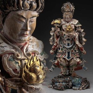 ET383 時代 仏教美術 彩色 木造十二神将「摩虎羅大将」一躰 高30.5cm 重455g 木箱附・木造彩色仏像・木雕佛像 江戸時代