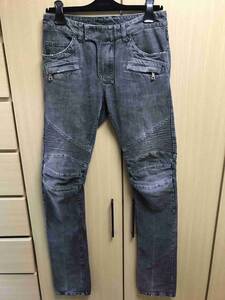 正規 14SS BALMAIN バルマン 蛇腹 バイカー デニム ウォッシュブラック 黒 28 S4HT500B406V